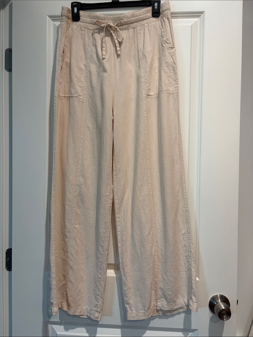 Thread & Supply Women’s Cream Wide-Leg Drawstring Linen Blend Flowy Pants, L